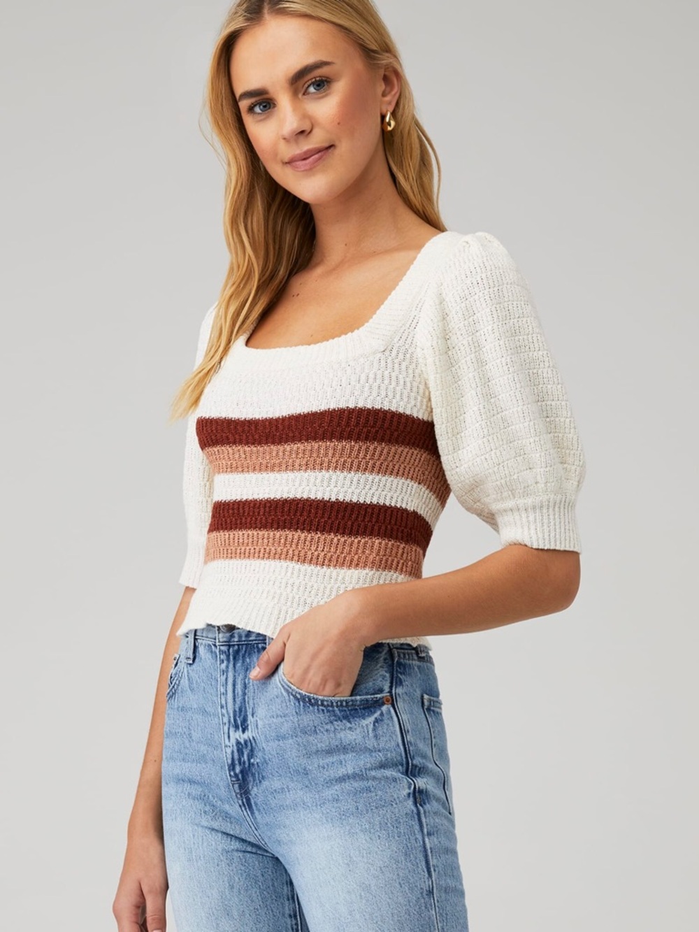 MINKPINK Cream Scoop-Neck Sweater with Brown & Tan Stripes